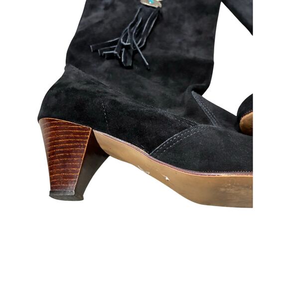 Vintage Pinwheels Western Black Suede BootsTurquoise Fringe Size 8.5 Cowboycore - Picture 4 of 7